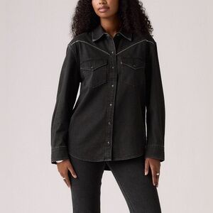Black Denim Western-Style Button-Up Shirt With Rhinestones Design